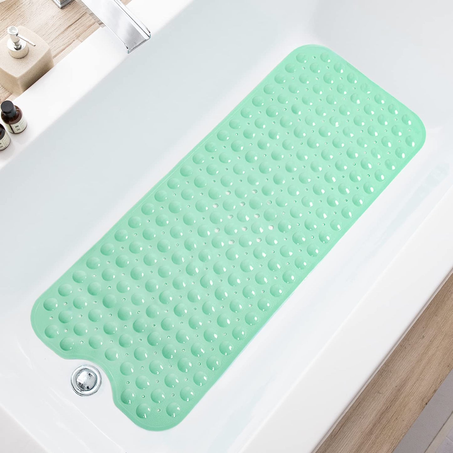 TEESHLY Bathtub Mats for Shower Tub, Extra Long Non-Slip 39 x 16 Inch Bath Mat with Drain Holes and Suction Cups, BathMat for Bathroom with Machine Washable (Clear Grey)