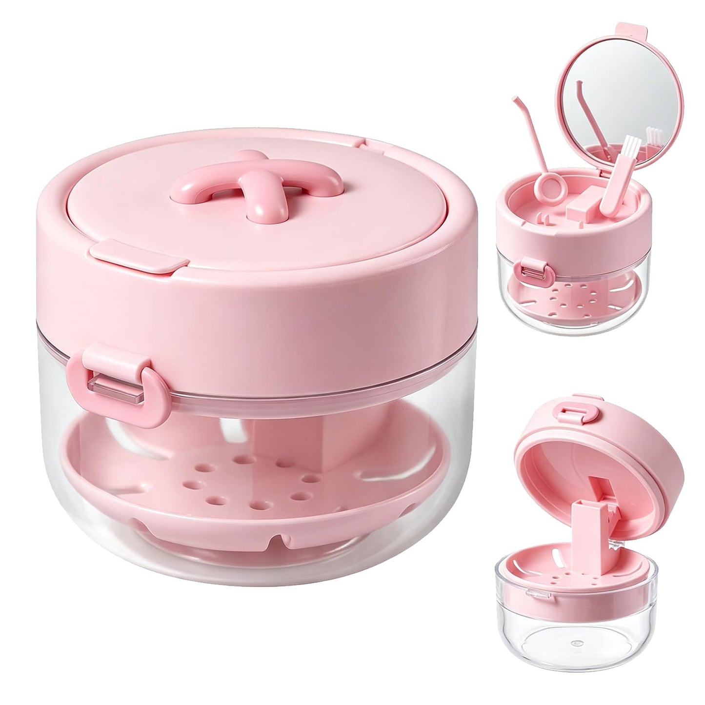 Retainer Cleaner Case, Retainer Case for Women Teen Girls, 3-in-1 Denture Bath Box with Leak Proof, Denture Bath Case with Mirror Cleaning Brush and Removal Tool (White)