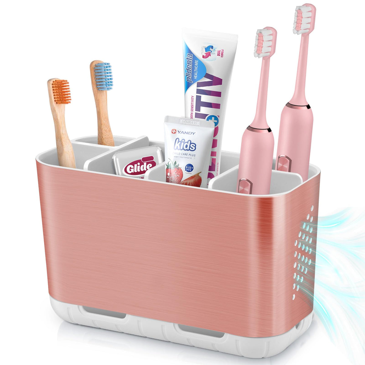 Boperzi Electric Toothbrush Holder for Bathroom Organizer Countertop, Detachable Anti-Slip Blue Toothpaste Storage Caddy 6 Slots White with Drainage Holes for Makeup Brush Razor Stand