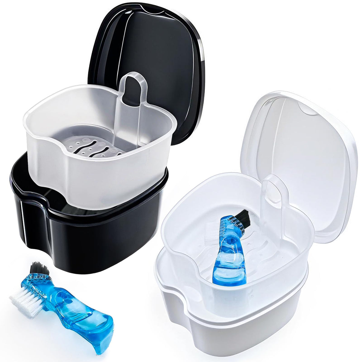 2 Pack Denture Case Dental Mouthguard Case, Denture Bath Box Cleaning with Brush, Strainer Basket and Lid Waterproof - Purple and Blue