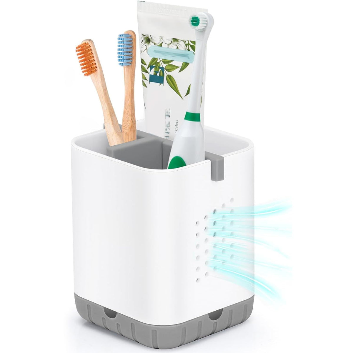 Boperzi Toothbrush and Toothpaste Holder with Bamboo Divider for Bathroom Countertop Organizer, Plastic Detachable Anti-Slip Large Electric Toothbrush Holders Storage Caddy Drainage for Family, Kids