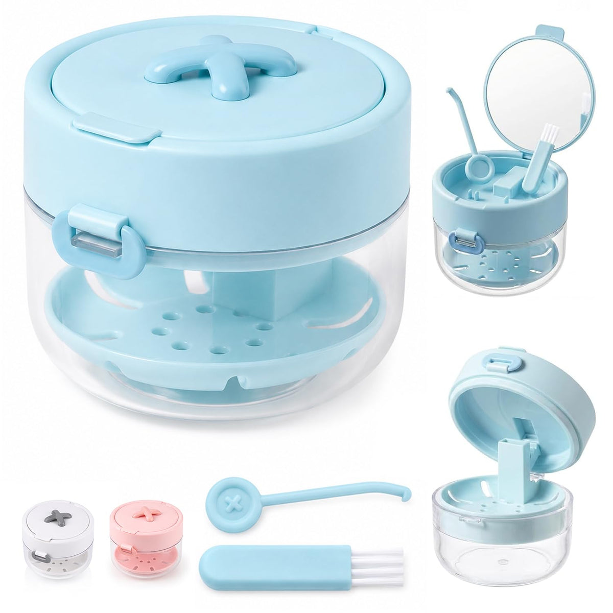 3-in-one dentures, retainer cleaning box,Retainer Case for Women Teen Girls,Large Capacity Denture Bath Case with Mirror Cleaning Brush and Removal Tool for Orthodontic and Denture Users(white)