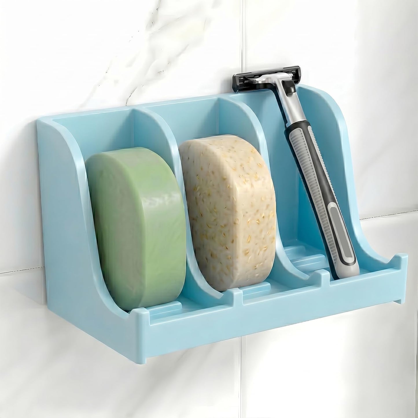 Soap Holder for Shower Wall, 3-Compartment Soap Dish [Patent Pending] | For Shampoo, Conditioner and Body Soap, Fast Draining & Rust-Proof, Strong Adhesive for Long-Term Bathroom Use & Freestanding