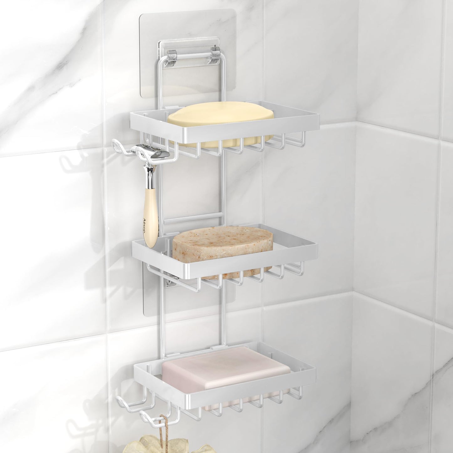 Moforoco Double Soap Bar Holder for Shower, No Drilling, 304 Stainless Steel, Wall Mounted Soap Holder with 4 Hooks and Razor Holder, Shower Rack Soap Tray Bar Soap for Bathroom Accessories Organizer
