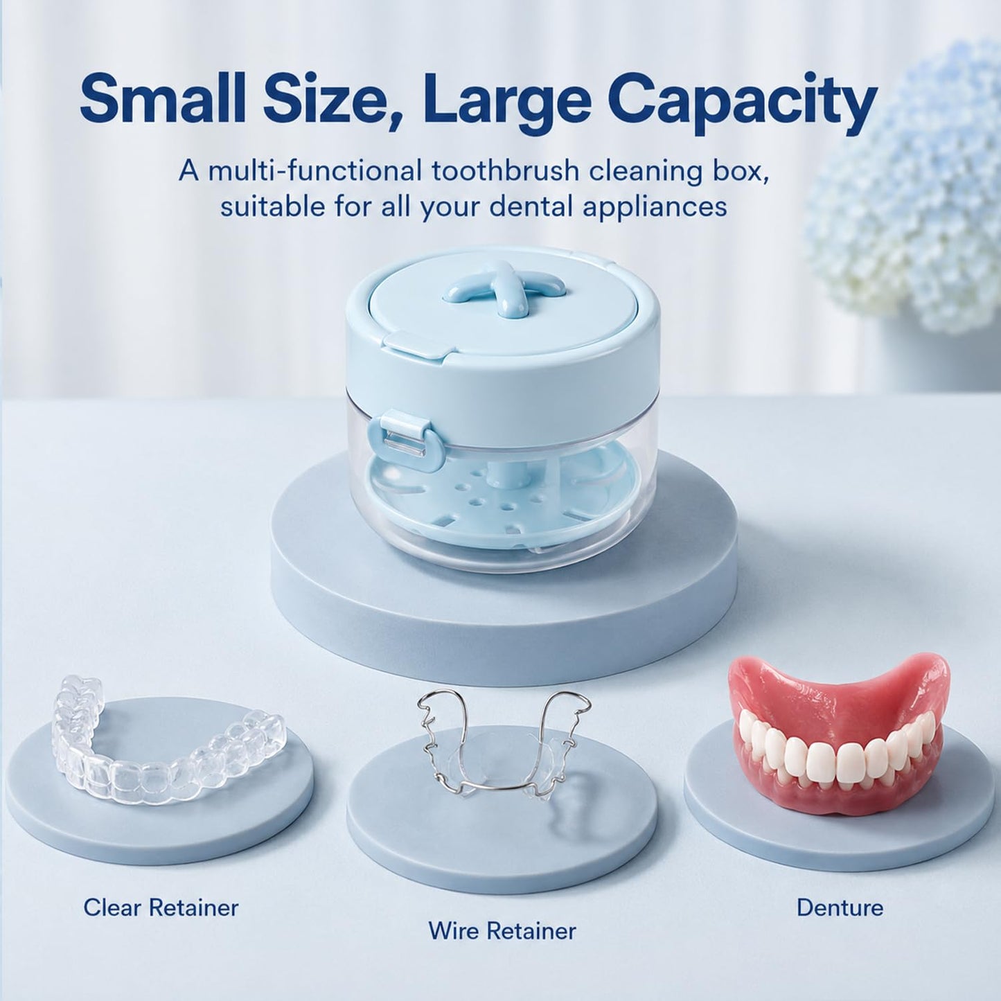 3-in-one dentures, retainer cleaning box,Retainer Case for Women Teen Girls,Large Capacity Denture Bath Case with Mirror Cleaning Brush and Removal Tool for Orthodontic and Denture Users(white)
