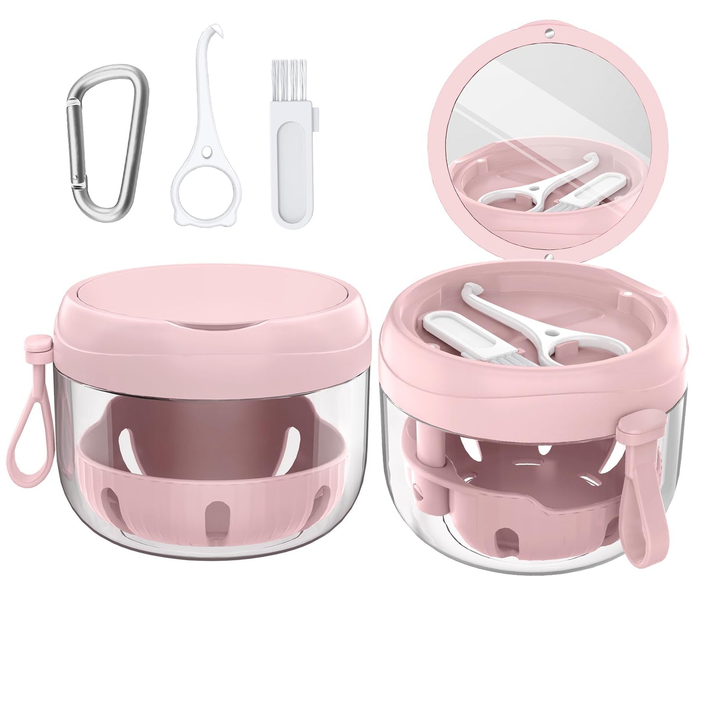 Denture Bath Box Cup, Leak Proof Denture Cup Kit Portable Retainer Case for Travel, Denture Case Cleaning Care for Dentures Aligner Mouth Guard with Denture Brush,Strainer, Removal Tool and Mirror