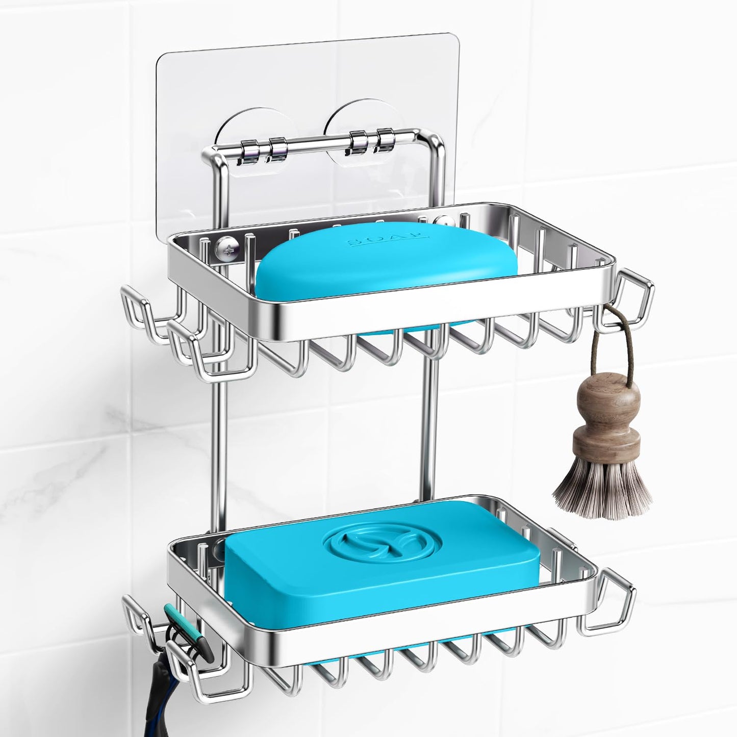 Nieifi Bar Soap Holder, Adhesive Soap Dish for Bathroom Shower Wall | Stainless steel, 2 tier, razor holders, 8 hooks, bathtub, kitchen sink, wall mounted, no drilling, counter, black