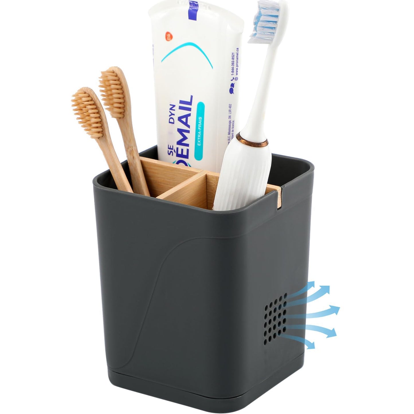 Electric Toothbrush Holder Tooth Brush and Toothpaste Organizer, Black | 3 Slots, Drainage Holes, Removable Bamboo Divider, Ventilation Design, Space-Saving, for Bathroom Countertop, Shower, Vanity