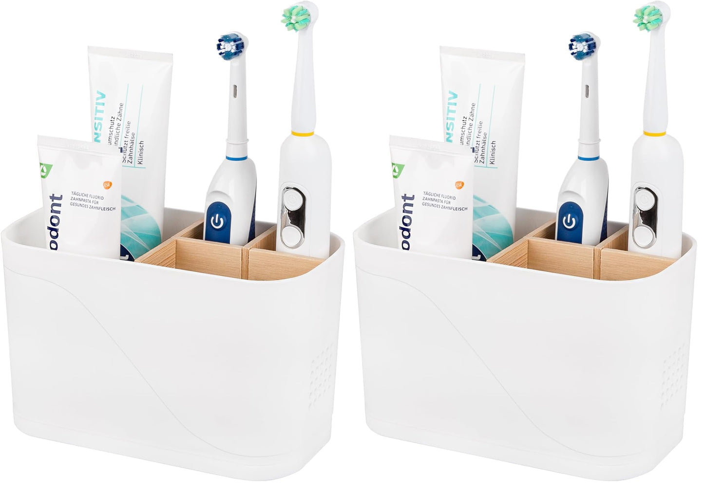 Electric Toothbrush Holder Tooth Brush and Toothpaste Organizer, Black | 3 Slots, Drainage Holes, Removable Bamboo Divider, Ventilation Design, Space-Saving, for Bathroom Countertop, Shower, Vanity