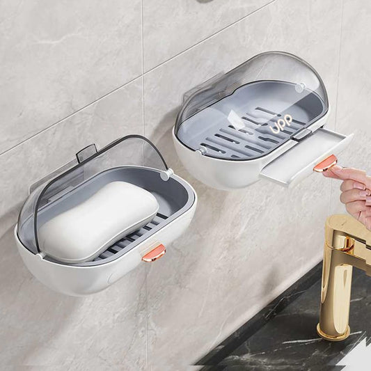 2 Pack Shower Soap Dish Holder with Lid, Bar Soap Container with Drain | Wall Mounted Soap Box Container for Shower, Bathroom, Bathtub, Kitchen Sink, Adhesive Included
