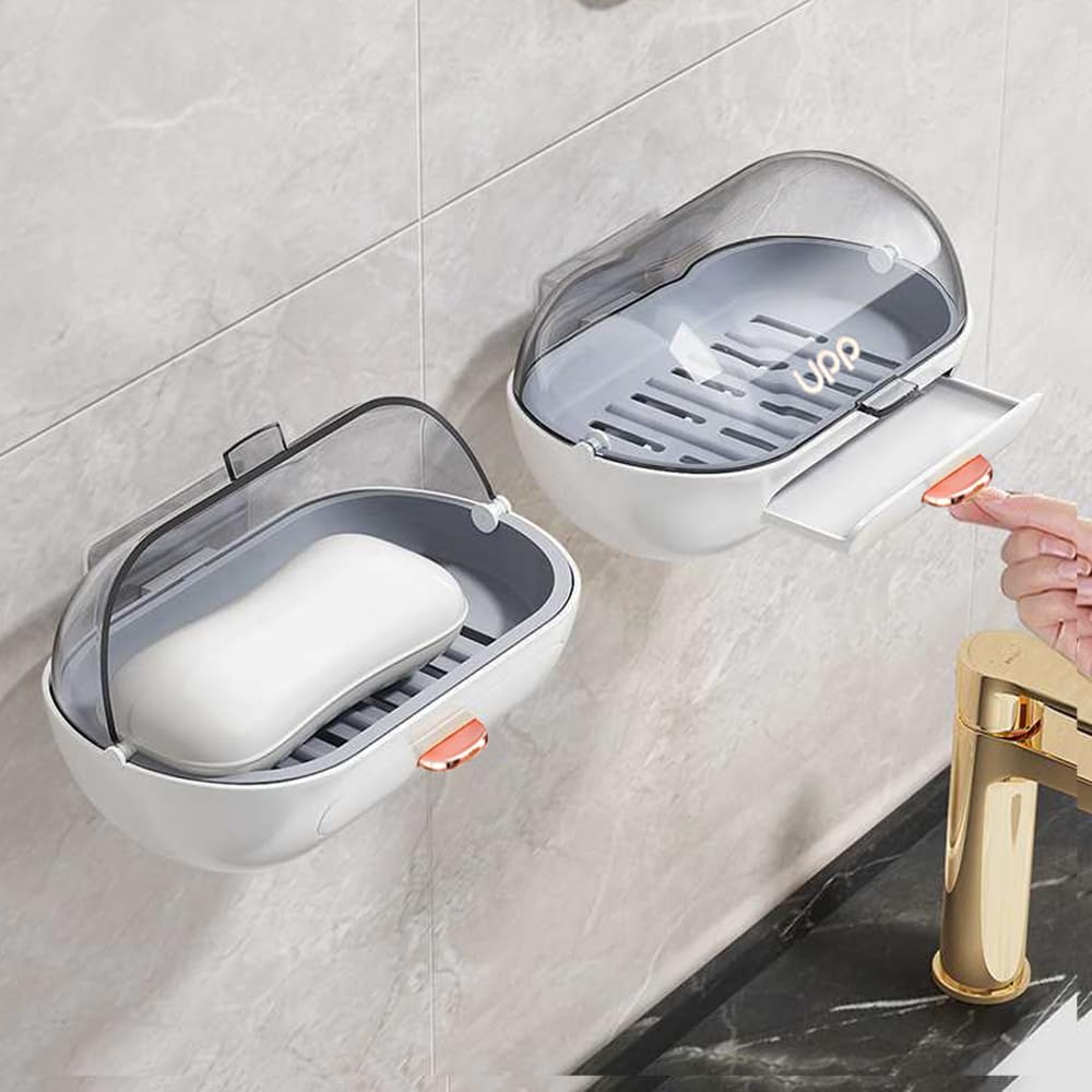 2 Pack Shower Soap Dish Holder with Lid, Bar Soap Container with Drain | Wall Mounted Soap Box Container for Shower, Bathroom, Bathtub, Kitchen Sink, Adhesive Included