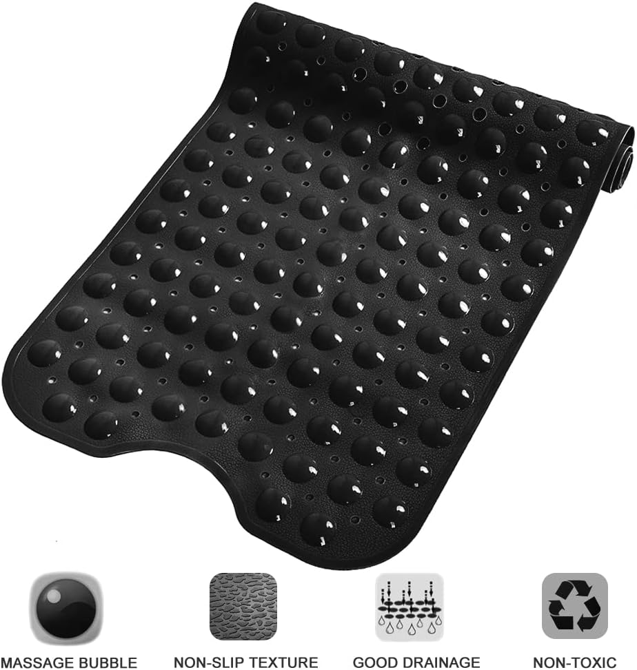 Extra Long Non-Slip Bathtub Shower Mat, 39 x 16 Inch Black Bath Mat | Built with Strong Suction Cups & Quick Drain Holes, Machine Washable Anti-Slip Mat for Bathroom Tub & Shower Floor