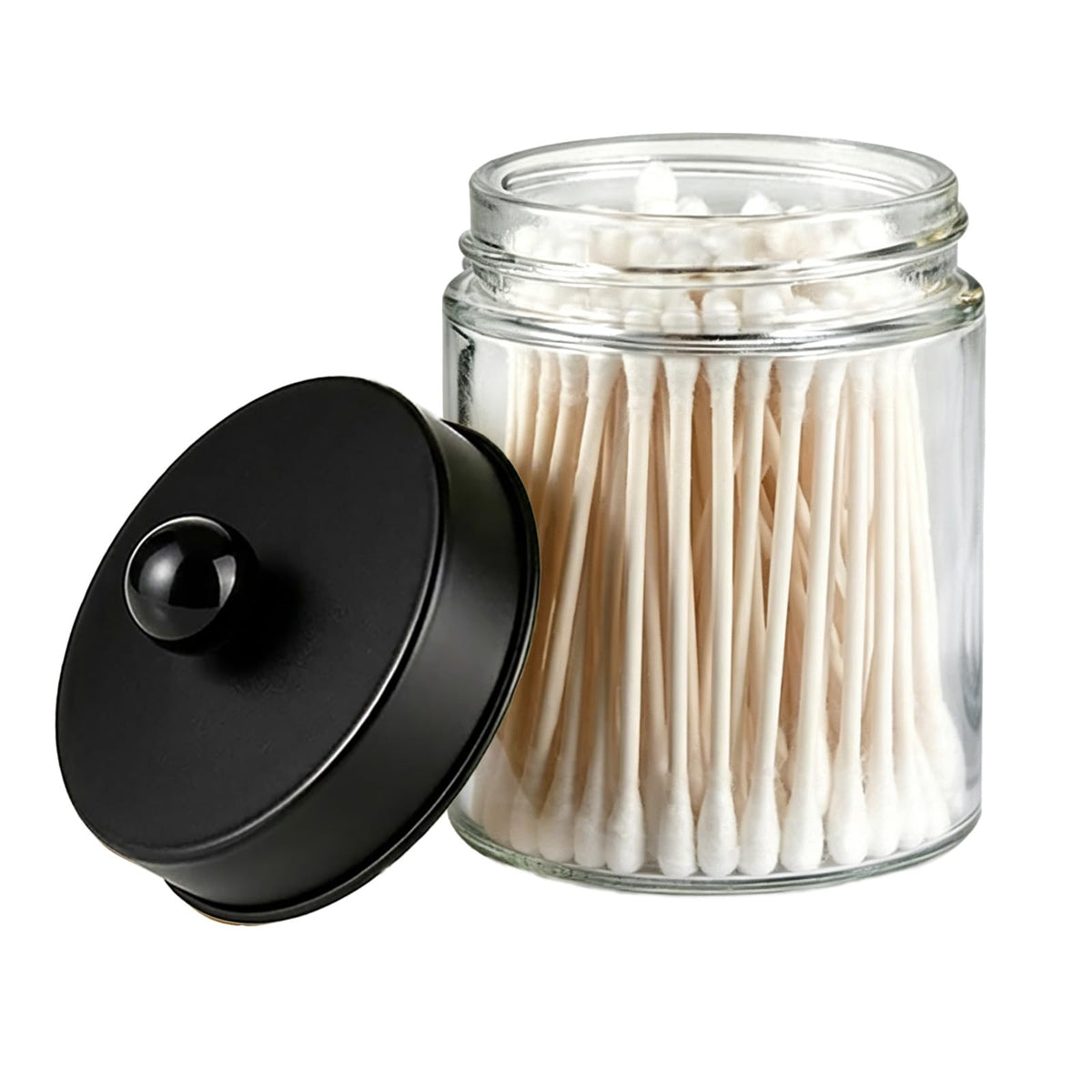 Amolliar Apothecary Jar Qtip Holder w/Metal Lid, Glass, Brushed Nickel | for Bathroom Vanity Storage, Countertop, Farmhouse Style, Holds Cotton Swabs, Dental Floss, Makeup Sponges