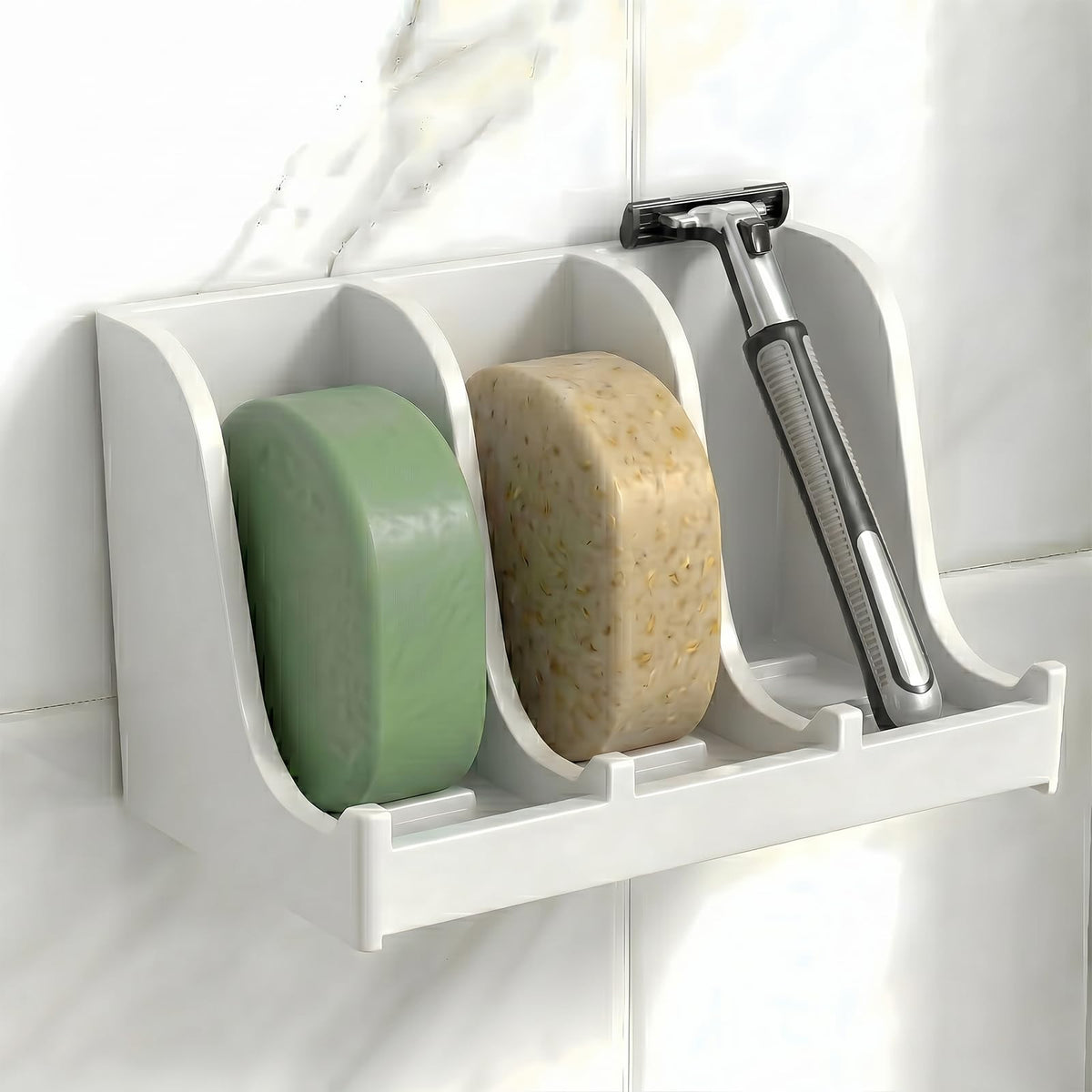 Soap Holder for Shower Wall, 3-Compartment Soap Dish [Patent Pending] | For Shampoo, Conditioner and Body Soap, Fast Draining & Rust-Proof, Strong Adhesive for Long-Term Bathroom Use & Freestanding