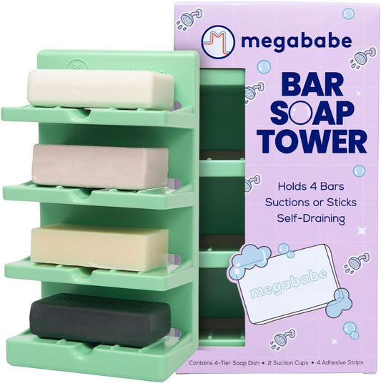 Megababe 4-Tier Bar Soap Tower | Holds 4 Bars | Suctions or Sticks | Self-Draining