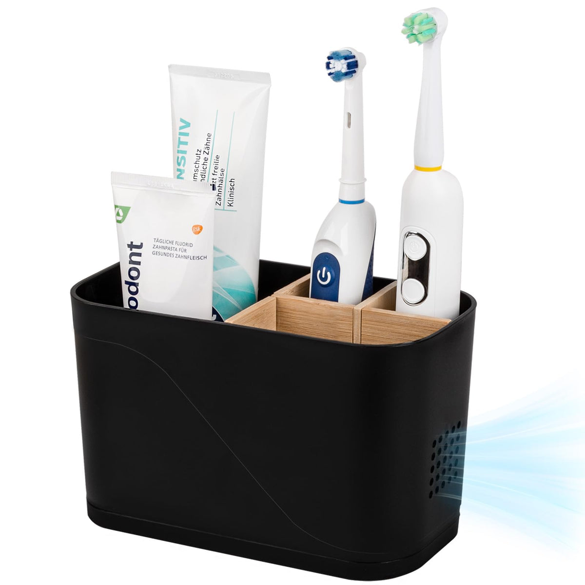 Electric Toothbrush Holder Tooth Brush and Toothpaste Organizer, Black | 3 Slots, Drainage Holes, Removable Bamboo Divider, Ventilation Design, Space-Saving, for Bathroom Countertop, Shower, Vanity