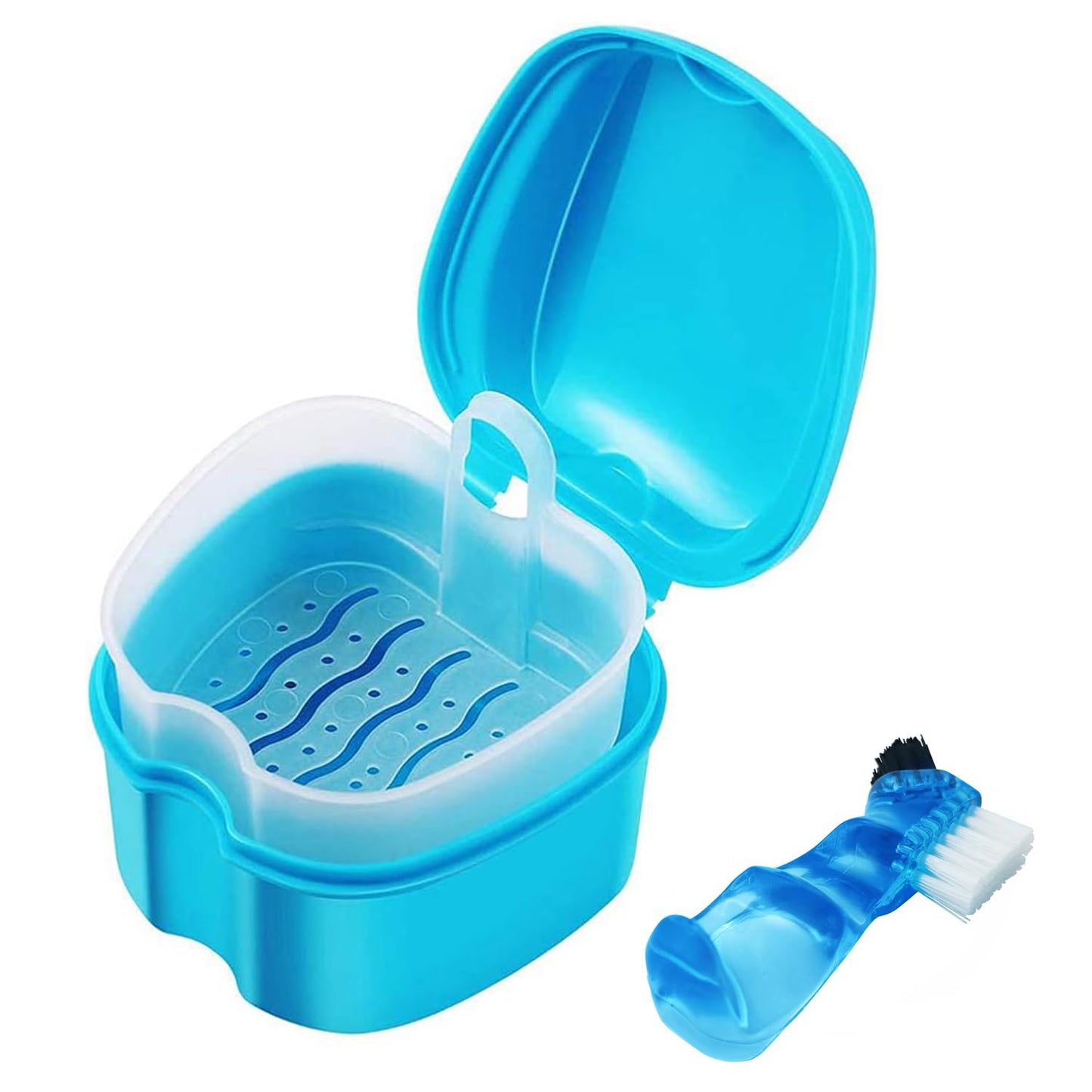 2 Pack Denture Case Dental Mouthguard Case, Denture Bath Box Cleaning with Brush, Strainer Basket and Lid Waterproof - Purple and Blue