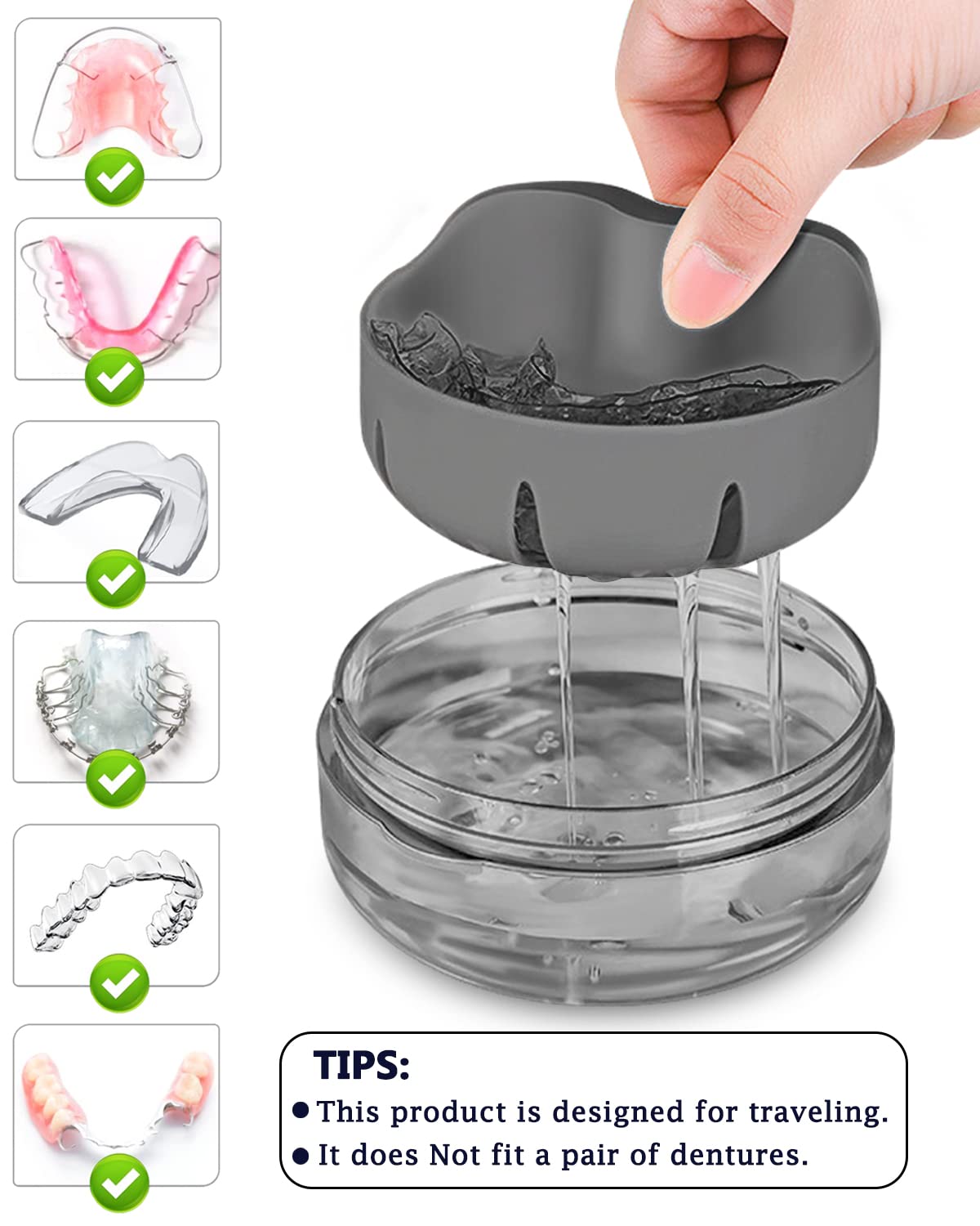 Denture Case, Definitely No-Leak Denture Bath Box for Traveling Perfectly, Denture Cup with Strainer & Magnetic Mirror,Completely Clean Care for Retainer, Mouth Guard, & Denture