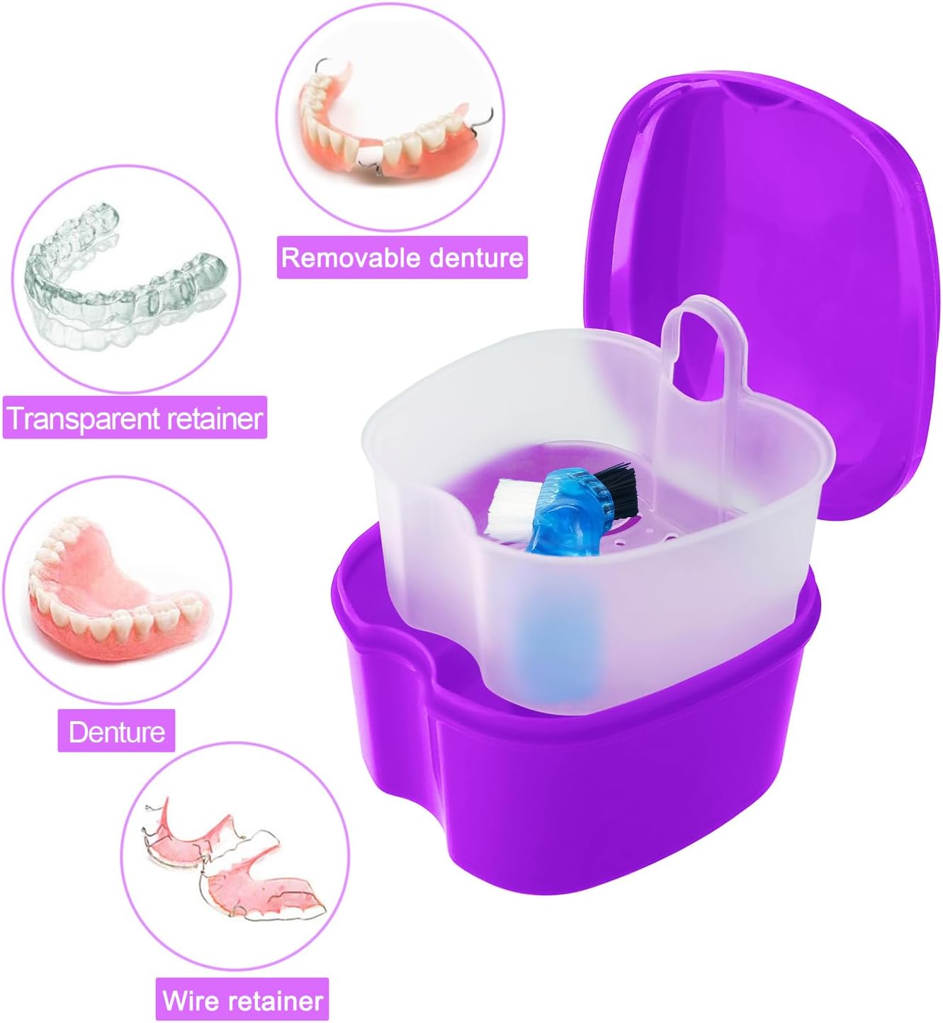 2 Pack Denture Case Dental Mouthguard Case, Denture Bath Box Cleaning with Brush, Strainer Basket and Lid Waterproof - Purple and Blue