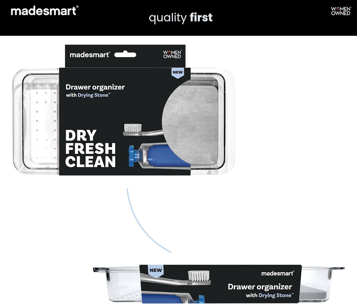 madesmart Drying Stone Drawer Organizer, Clear | diatomite, fast drying surface, divided layout, toothpaste floss, dental items, bathroom counter, woman owned