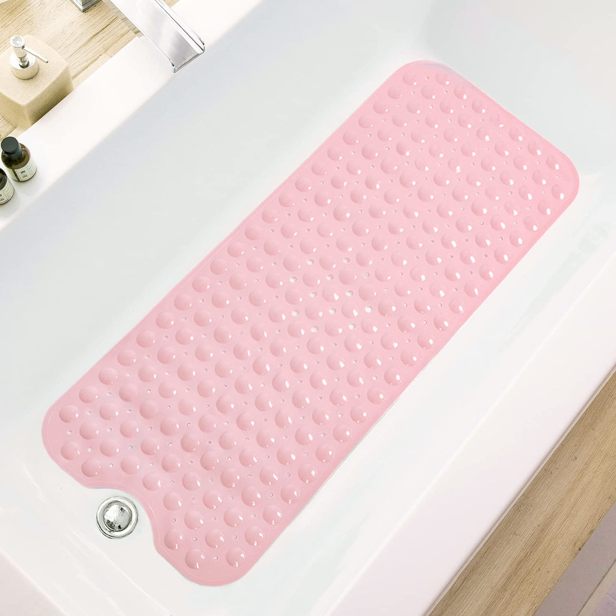 TEESHLY Bathtub Mats for Shower Tub, Extra Long Non-Slip 39 x 16 Inch Bath Mat with Drain Holes and Suction Cups, BathMat for Bathroom with Machine Washable (Clear Grey)