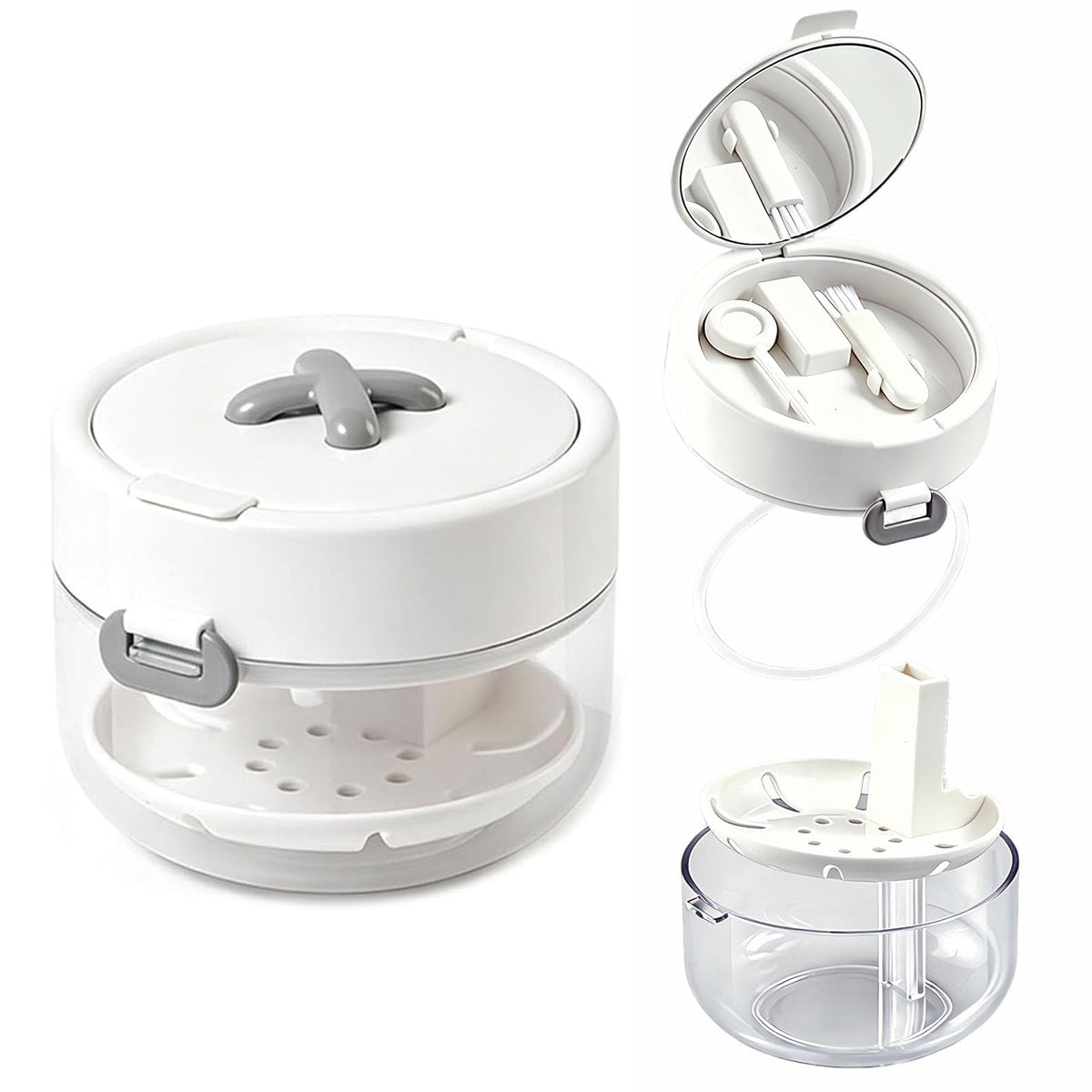 Retainer Cleaner Case with Auto-Lifting Strainer, Blue | Leak proof aligner bath cup with automatic lifting strainer basket, denture case with mirror, brush and cleaning tool