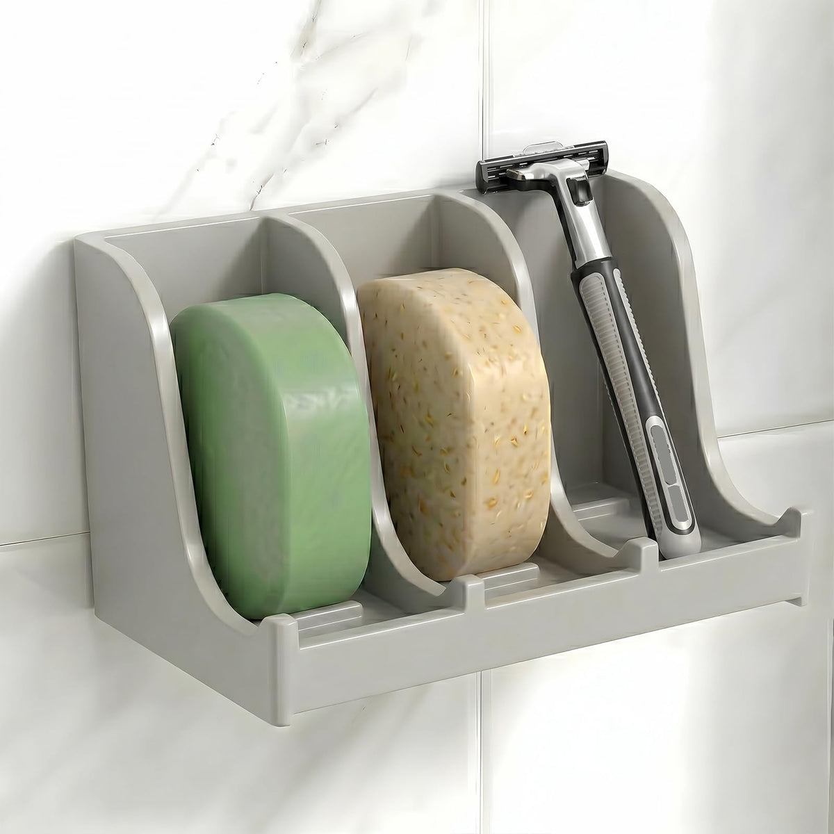 Soap Holder for Shower Wall, 3-Compartment Soap Dish [Patent Pending] | For Shampoo, Conditioner and Body Soap, Fast Draining & Rust-Proof, Strong Adhesive for Long-Term Bathroom Use & Freestanding