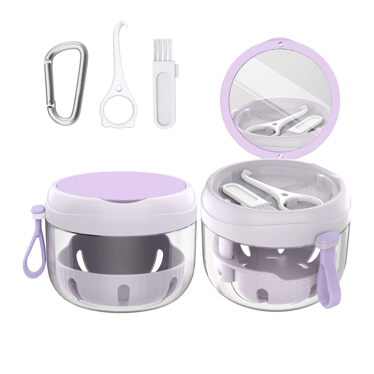 Denture Bath Box Cup, Leak Proof Denture Cup Kit Portable Retainer Case for Travel, Denture Case Cleaning Care for Dentures Aligner Mouth Guard with Denture Brush,Strainer, Removal Tool and Mirror