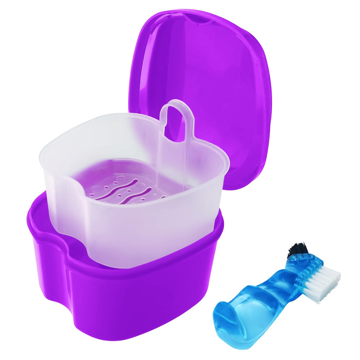 2 Pack Denture Case Dental Mouthguard Case, Denture Bath Box Cleaning with Brush, Strainer Basket and Lid Waterproof - Purple and Blue