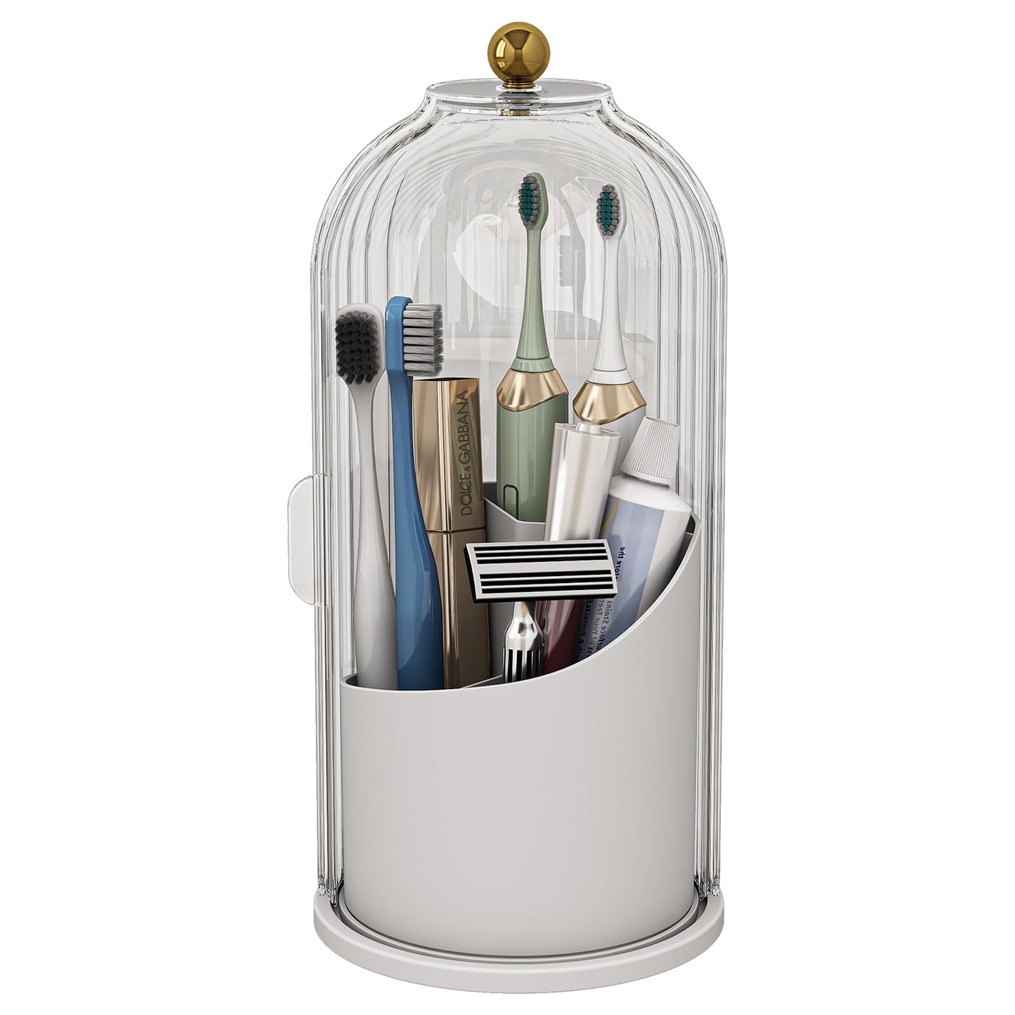 Waterproof Toothbrush Holder with 180° Rotating Cover, Grey White | Dustproof, 360° Rotating Base, Smooth Sliding Lid, Toothpaste Holder, 3 Slots, for Bathroom Countertop