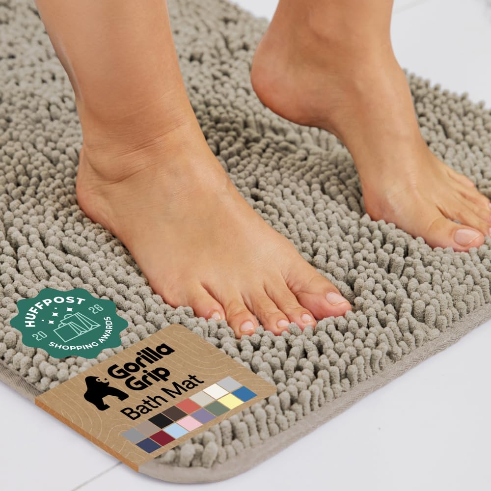 GORILLA GRIP Bath Rug Mat for Bathroom, Absorbent Chenille, 24x17 Gray | Soft Thick Quick Dry Microfiber Mats, Rubber Backing, Machine Washable Tub and Shower Floor Rugs, Home Decor Essentials