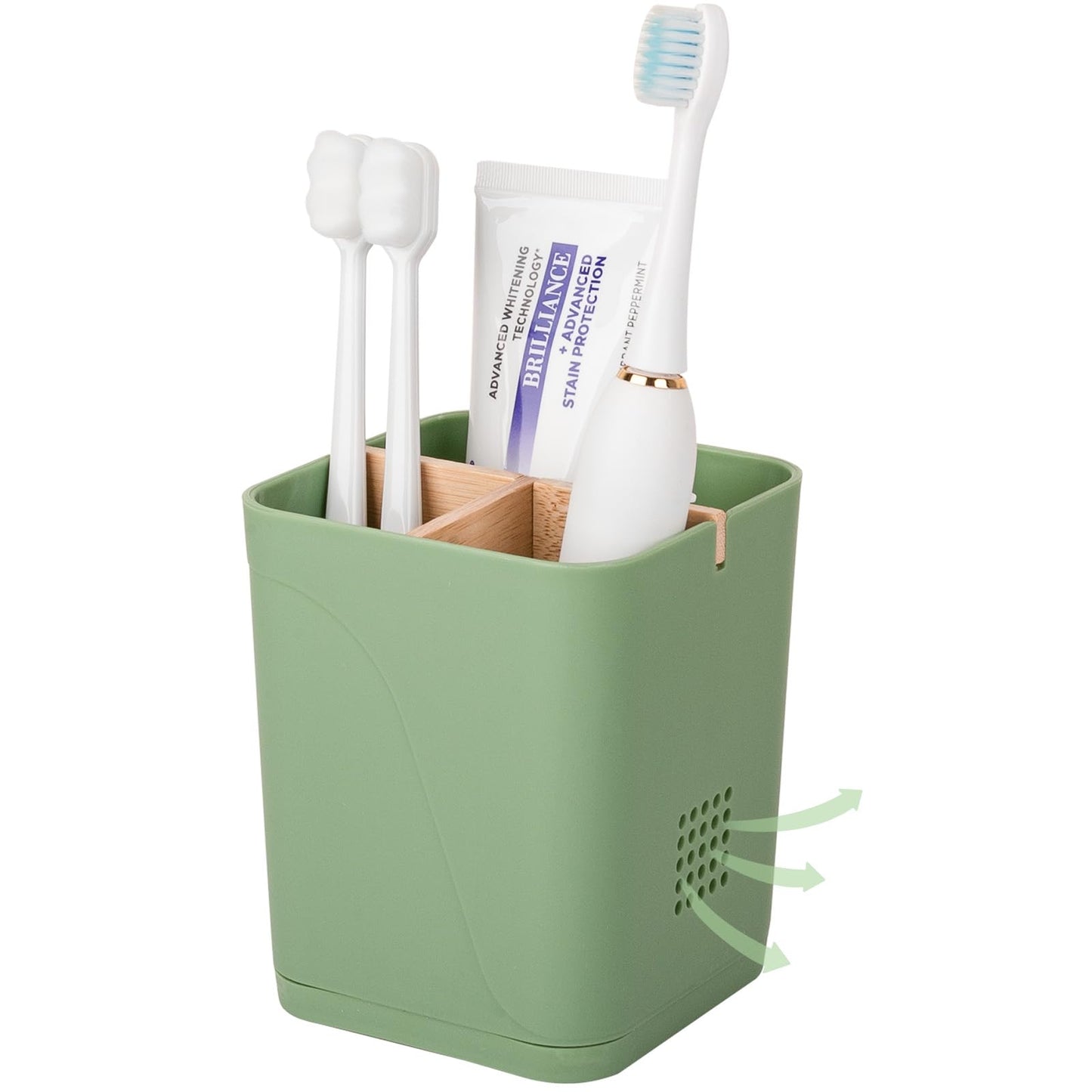 Electric Toothbrush Holder Tooth Brush and Toothpaste Organizer, Black | 3 Slots, Drainage Holes, Removable Bamboo Divider, Ventilation Design, Space-Saving, for Bathroom Countertop, Shower, Vanity