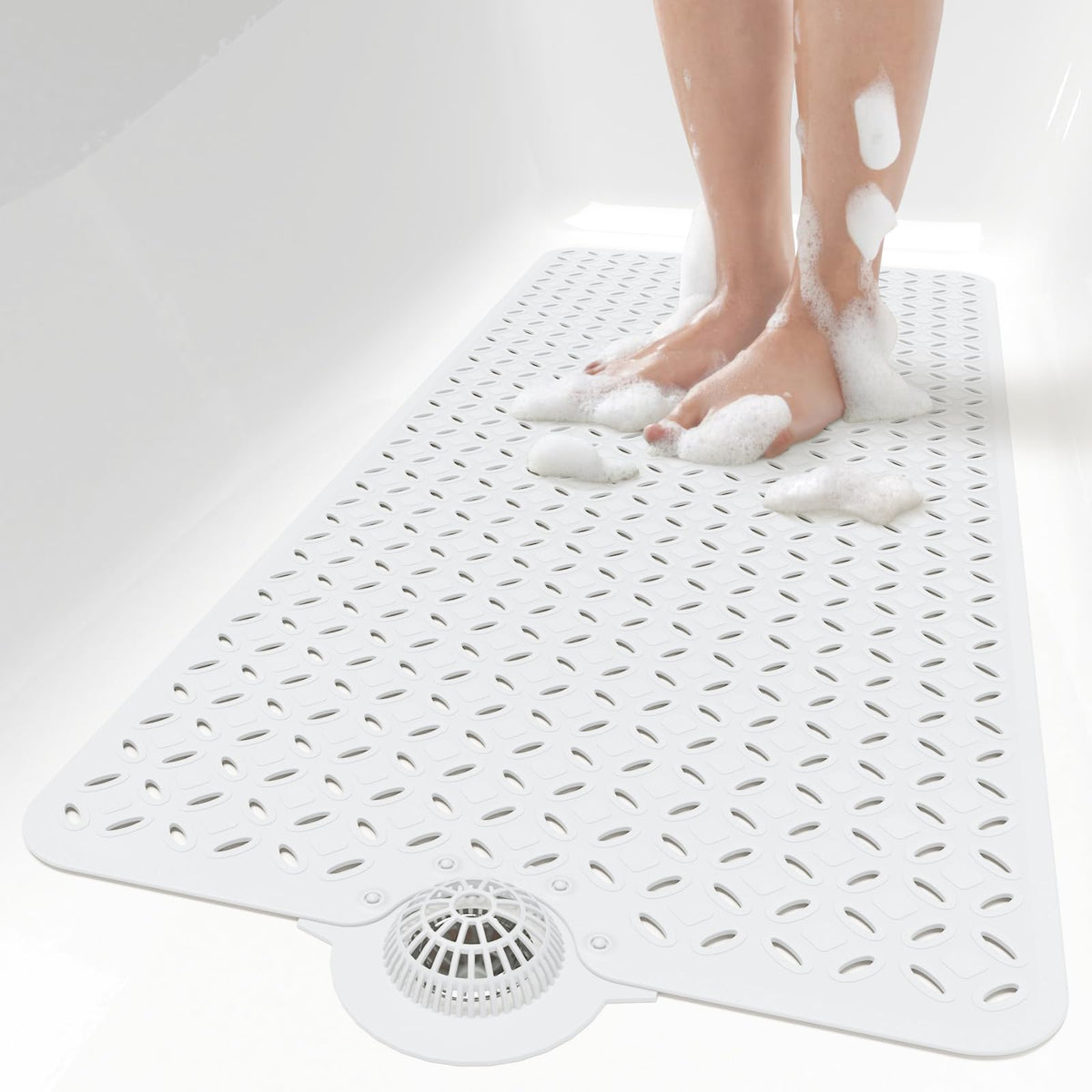 OTHWAY Bath Mat for Tub Non Slip: 39" X 17" Long Bathtub Mat with Hair Catcher│Big Drain Holes Shower Mats for Inside Shower│Machine Washable (Grey)