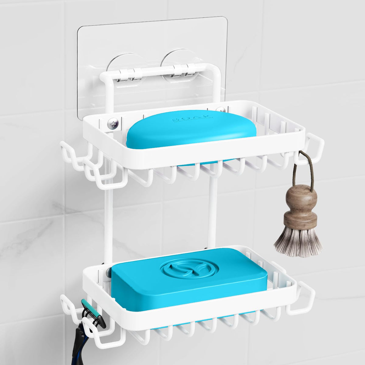 Nieifi Bar Soap Holder, Adhesive Soap Dish for Bathroom Shower Wall | Stainless steel, 2 tier, razor holders, 8 hooks, bathtub, kitchen sink, wall mounted, no drilling, counter, black
