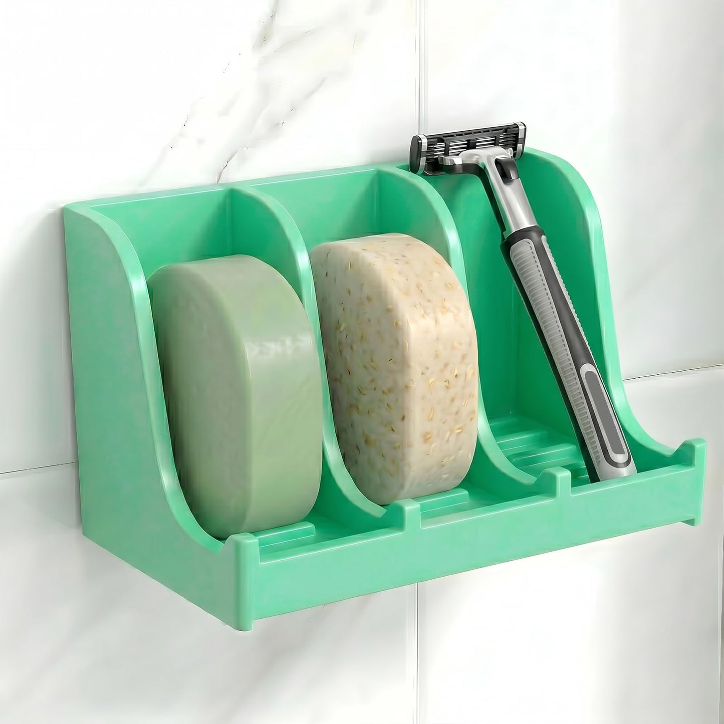 Soap Holder for Shower Wall, 3-Compartment Soap Dish [Patent Pending] | For Shampoo, Conditioner and Body Soap, Fast Draining & Rust-Proof, Strong Adhesive for Long-Term Bathroom Use & Freestanding