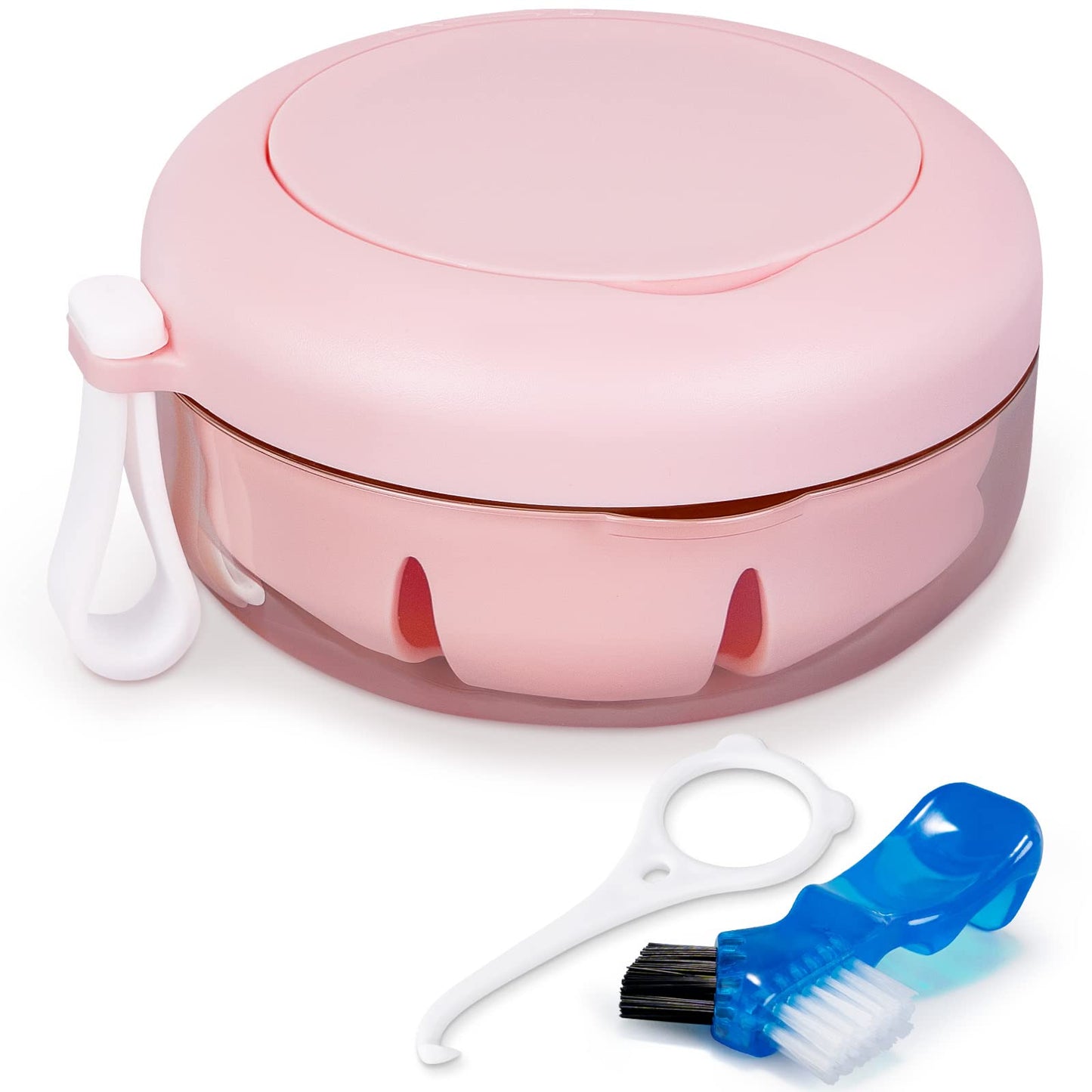 OB05 Leak Proof Denture Cup Kit Portable Retainer Case Perfect for Travel, Denture Case Container Cleaning Care for Dentures Aligner Mouth Guard with Denture Brush,Strainer, Removal Tool and Mirror