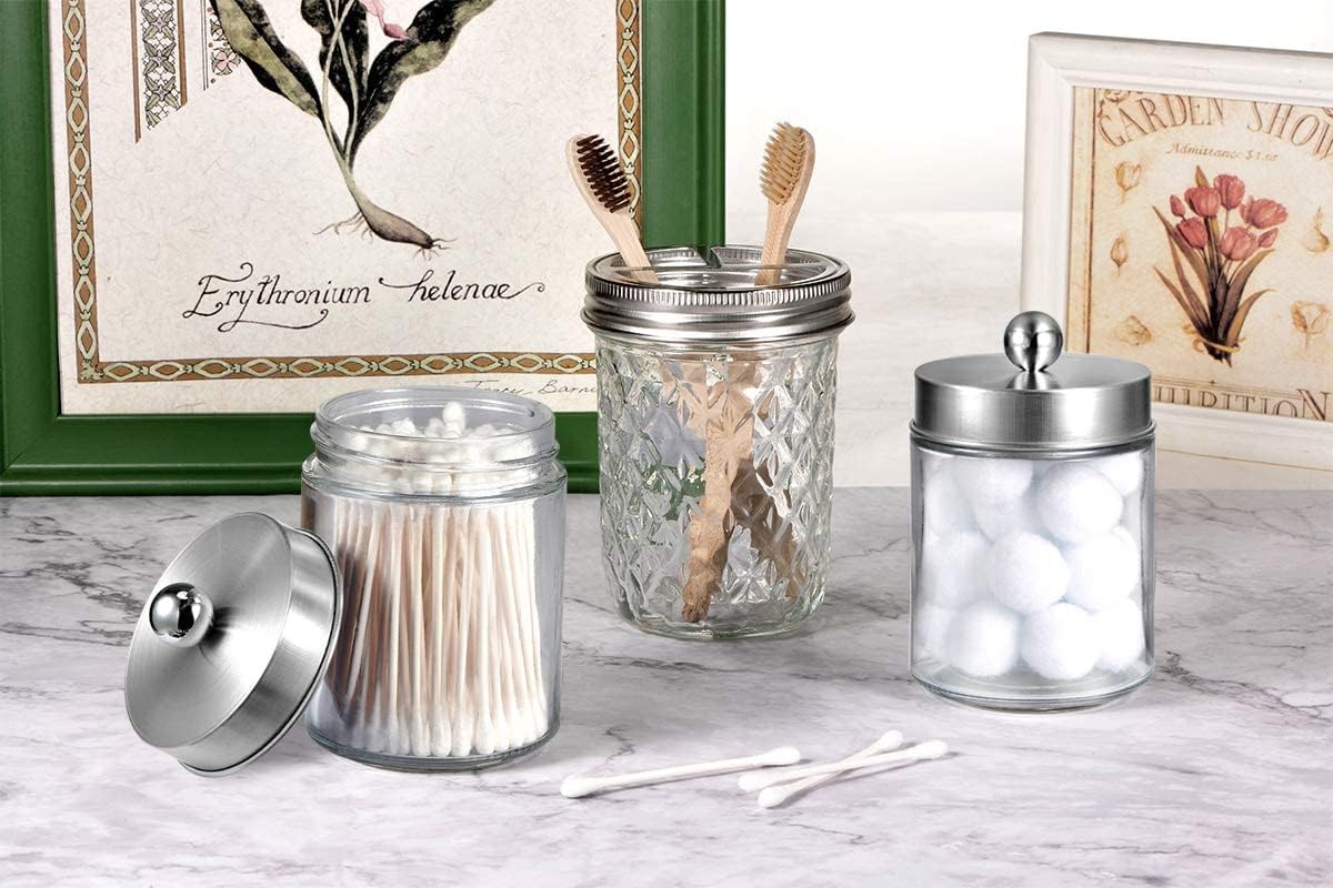 Amolliar Apothecary Jar Qtip Holder w/Metal Lid, Glass, Brushed Nickel | for Bathroom Vanity Storage, Countertop, Farmhouse Style, Holds Cotton Swabs, Dental Floss, Makeup Sponges