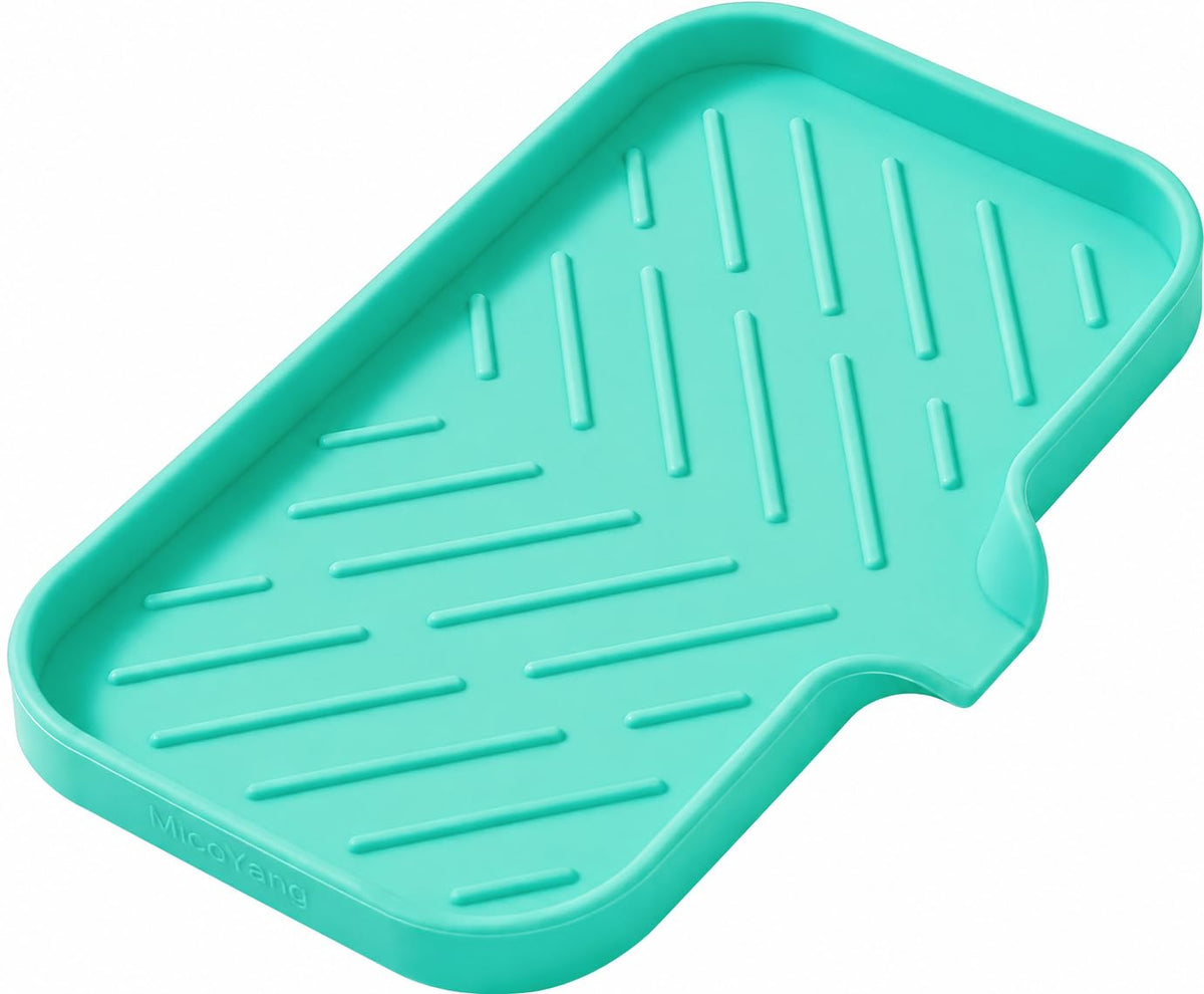MicoYang Silicone Soap Dish with Drain Spout, Self-Draining Sink Organizer Tray for Bathroom and Kitchen, Sponges, Dispensers and Soap Holder, Non-Slip and Dishwasher Safe, Black (Compact, 4.9"×3.2")