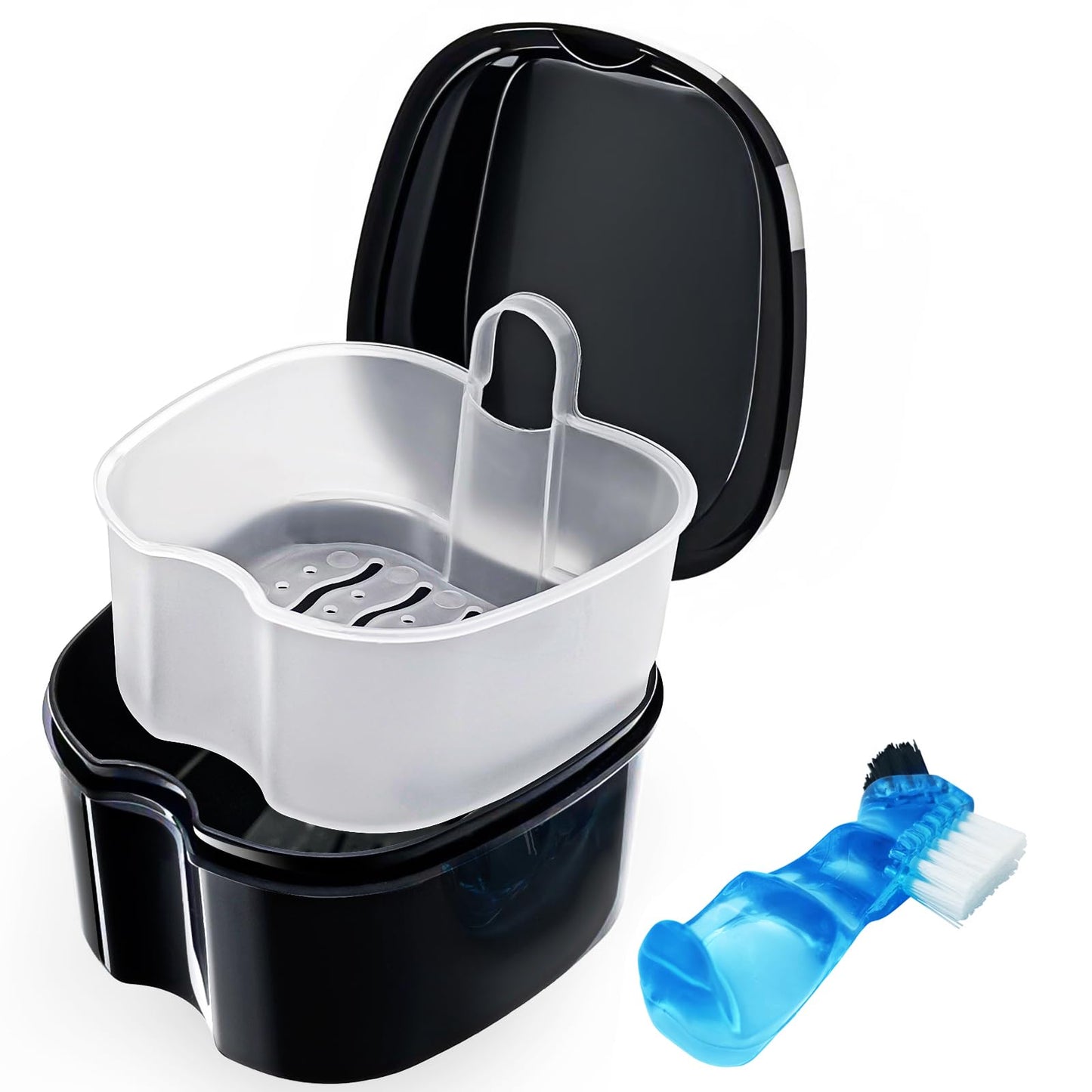 2 Pack Denture Case Dental Mouthguard Case, Denture Bath Box Cleaning with Brush, Strainer Basket and Lid Waterproof - Purple and Blue