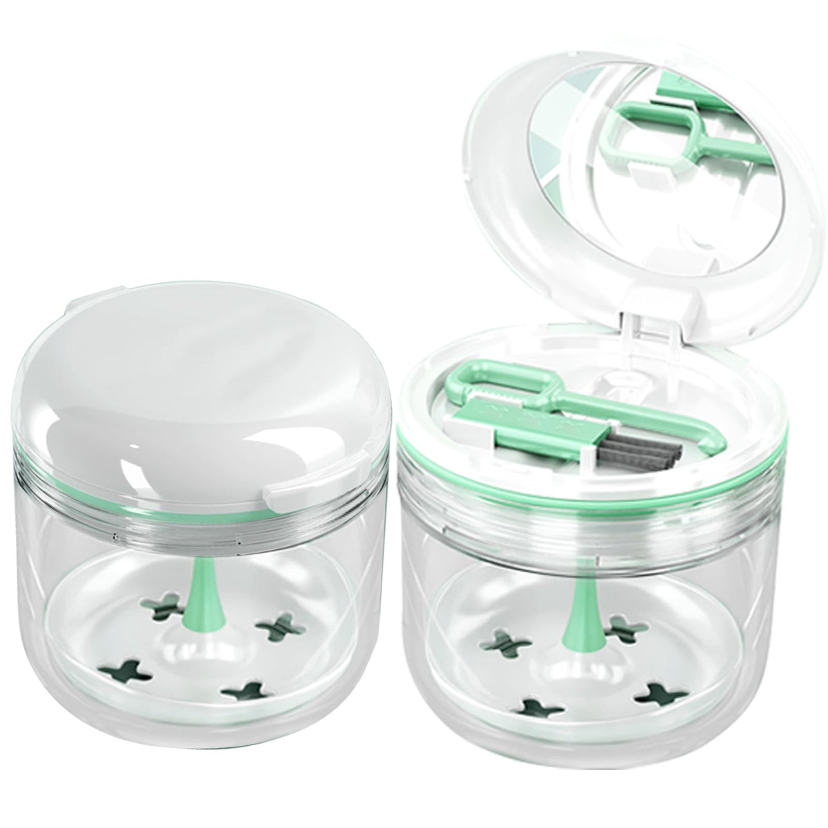 Retainer case, Denture Bath Cup，Retainer Cleaner Case Box,Night Mouth Guard Case Holder,Storage Soak Container with Drain Tray for Travel Cleaning with Mirror and Brush