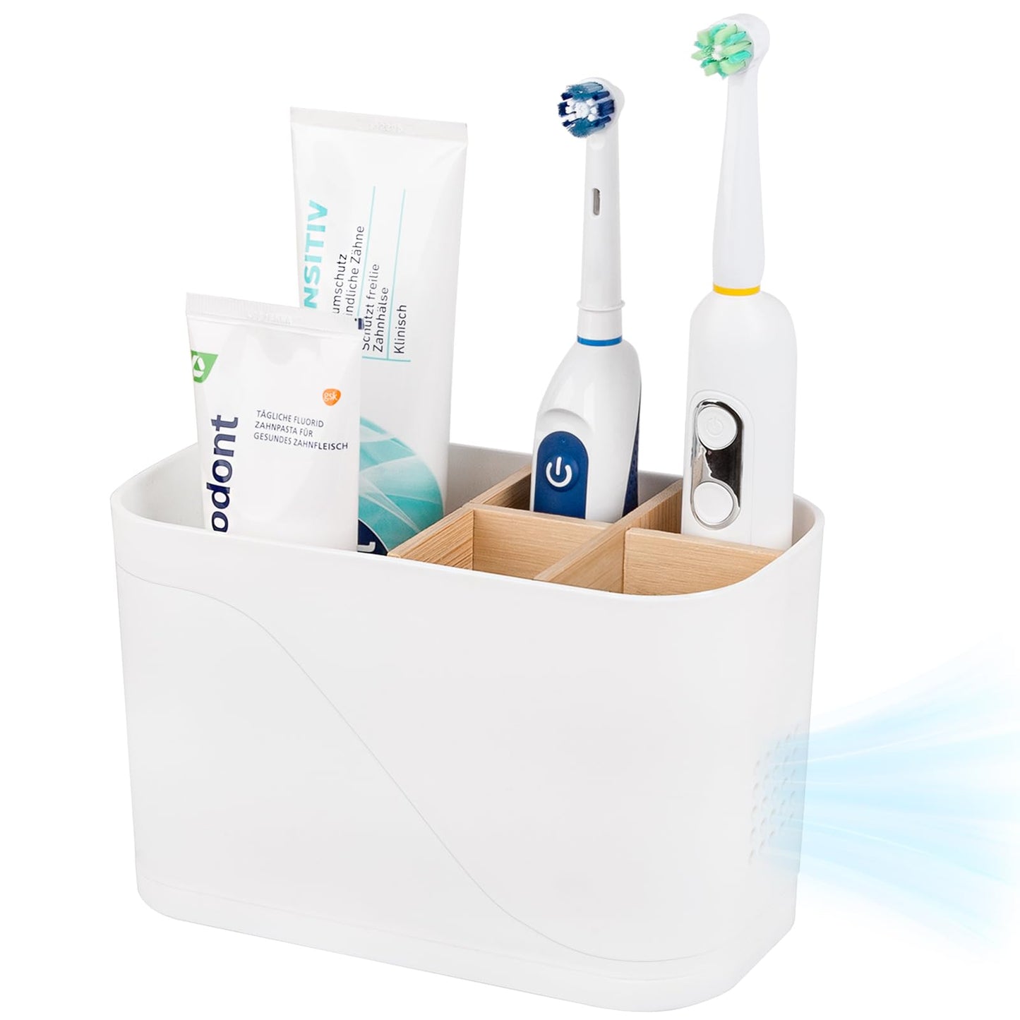 Electric Toothbrush Holder Tooth Brush and Toothpaste Organizer, Black | 3 Slots, Drainage Holes, Removable Bamboo Divider, Ventilation Design, Space-Saving, for Bathroom Countertop, Shower, Vanity