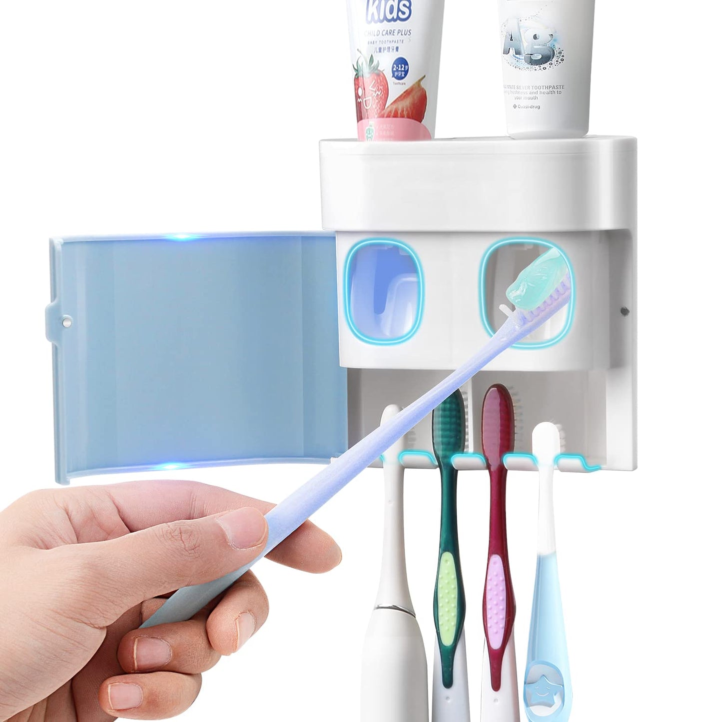 GFWARE Toothbrush Holder Toothpaste Dispenser Wall Mounted with Cover, 4 Slots Tooth Brush Storage Organizer with Automatic Kids Toothpaste Squeezers for Shower Bathroom Black | Automatic Toothpaste dispenser for Kids, Bathroom Storage Organizer with Dust