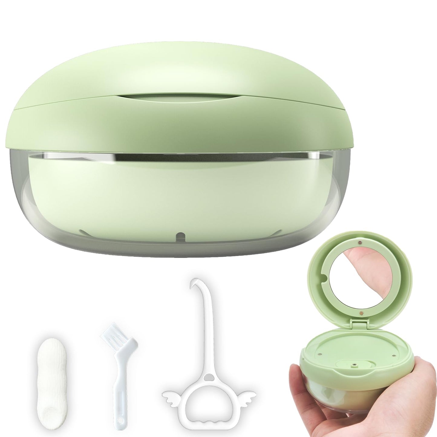 Retainer Case Denture Bath Case Basket Mirror Leak-proof White Hanburger | 2-in-1 design Strainer Basket No-Leak Cleaning Case for Mouth Guard Cute Removal Tool,Aligner chewies,Bursh