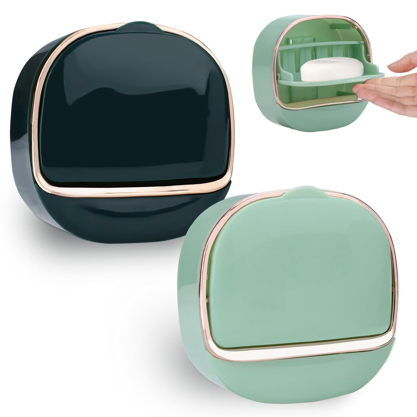 ASTIMESA 2 Packs Waterproof Wall-Mounted Soap Dishes Box, Adhesive Plastic Soap Holder with Drain Lid Tray for Bar Bathroom Shower Keep Dry Flip Self Draining White & Dark Blue