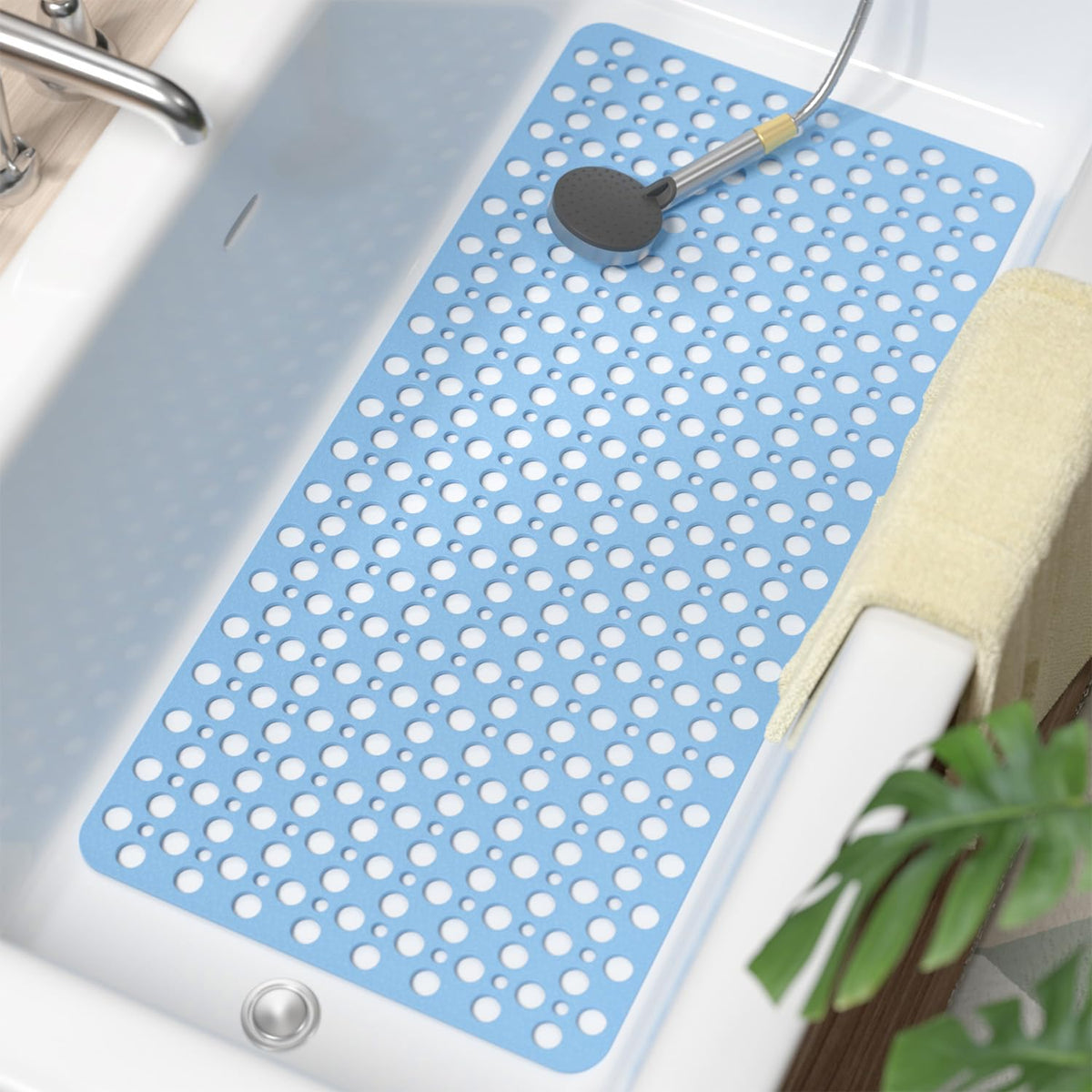 HITSLAM Bathtub Mat Non Slip, Soft TPE Bath Mat for Tub, Efficient Drainage Bathroom Shower Mat with Suction Cups, Bath Tub Mat, Easy to Clean, 28 x 15 Inch, Blue