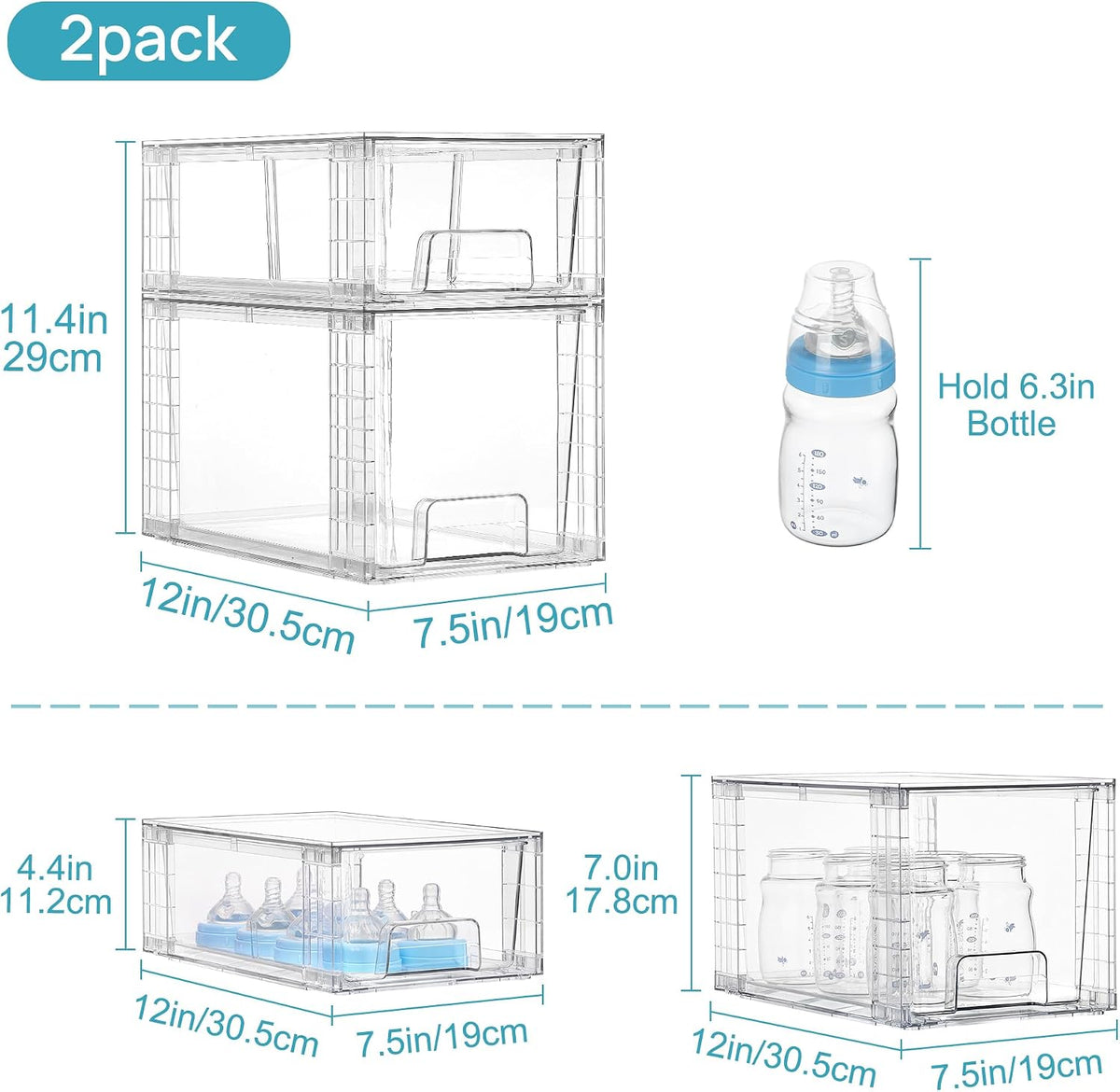 Vtopmart Clear Stackable Storage Drawers, 4 Pack Kitchen Cabinet Set | Medium and Small Pull-Out PET Drawers with Stackable Design for Kitchen Cabinets, Pantry, Under Sink, Medicine