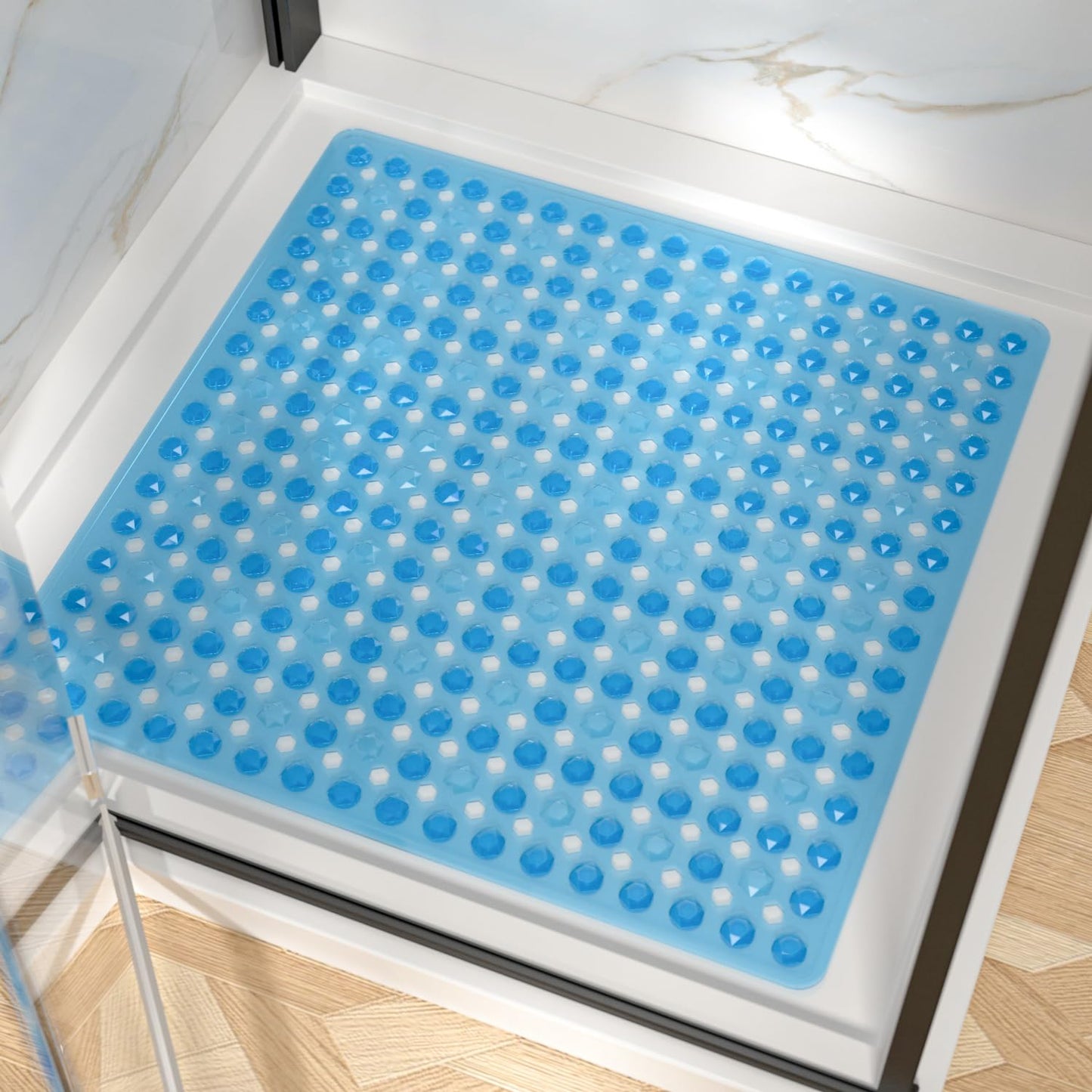 HITSLAM Shower Mat Anti Slip, Square Bath Mat for Tub Non Slip with Suction Cups and Drain Holes, 21x21 Inch Bathroom Shower Stall Floor Mat, Machine Washable, Soft on Feet, Clear