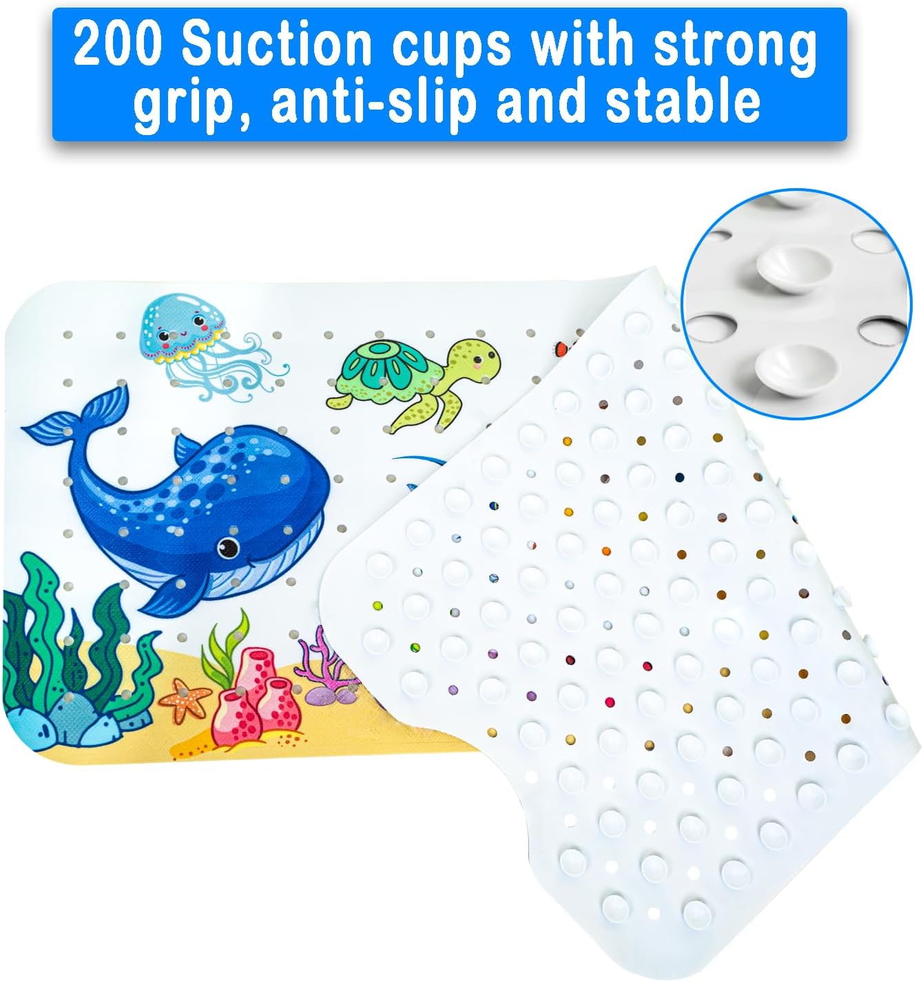 Kids Bath Mat with Ocean Theme Design, 40x16 inches, Non-Slip with 200 Suction Cups, Cartoon Sea Animals Pattern (Whale + Submarine, 40 * 16in)