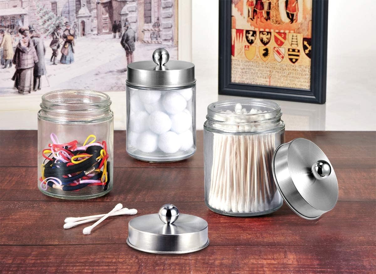 Amolliar Apothecary Jar Qtip Holder w/Metal Lid, Glass, Brushed Nickel | for Bathroom Vanity Storage, Countertop, Farmhouse Style, Holds Cotton Swabs, Dental Floss, Makeup Sponges
