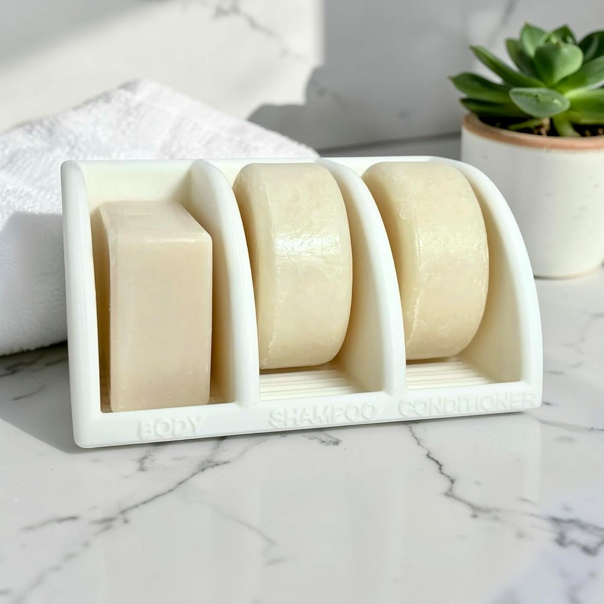 Shampoo Bar Holder for Shower, 3-Slot Soap & Conditioner Organizer with Drainage - Keeps Bars Dry & Lasts Longer - Modern Bathroom Organizer by Essence & Abode (Jade White)
